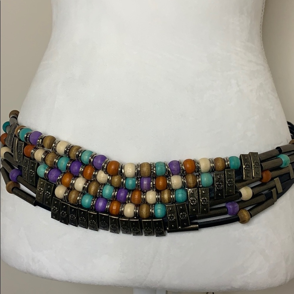 Western Cowboy Style Leather Chain Beaded Belt OS
